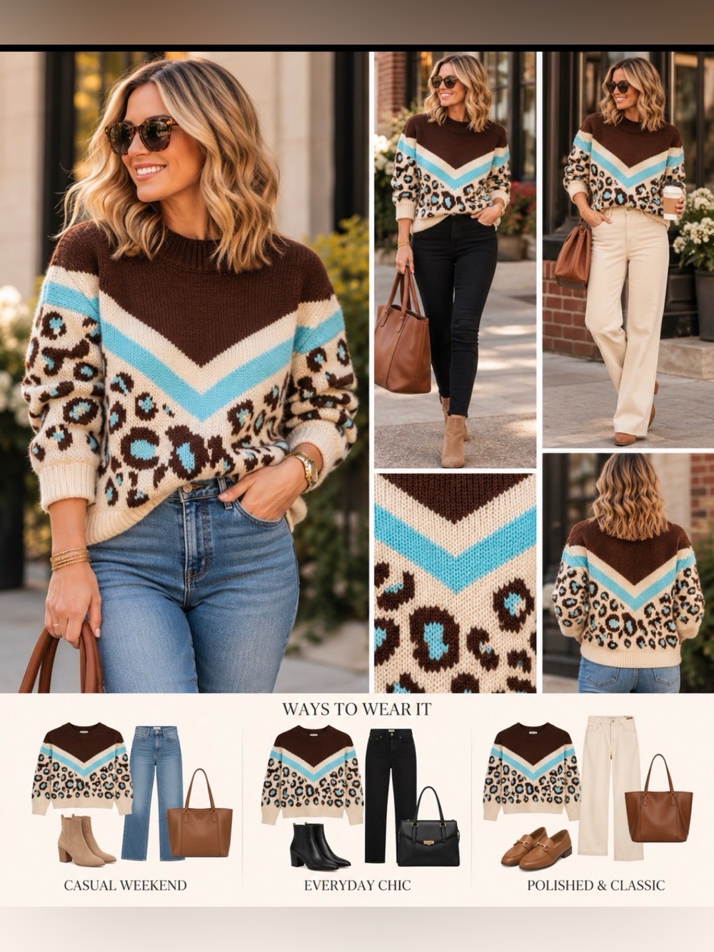 DAVI & DANI Brown, Cream & Blue Chevron Leopard Crewneck Sweater